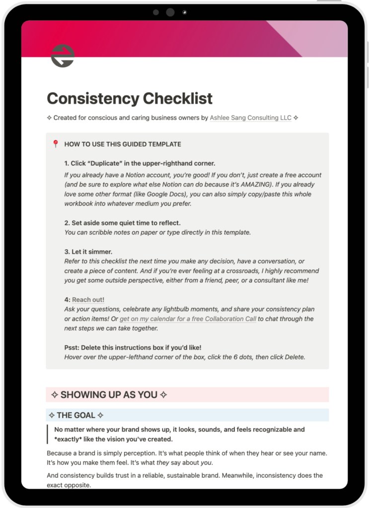 a tablet mockup of the Consistency Checklist in Notion