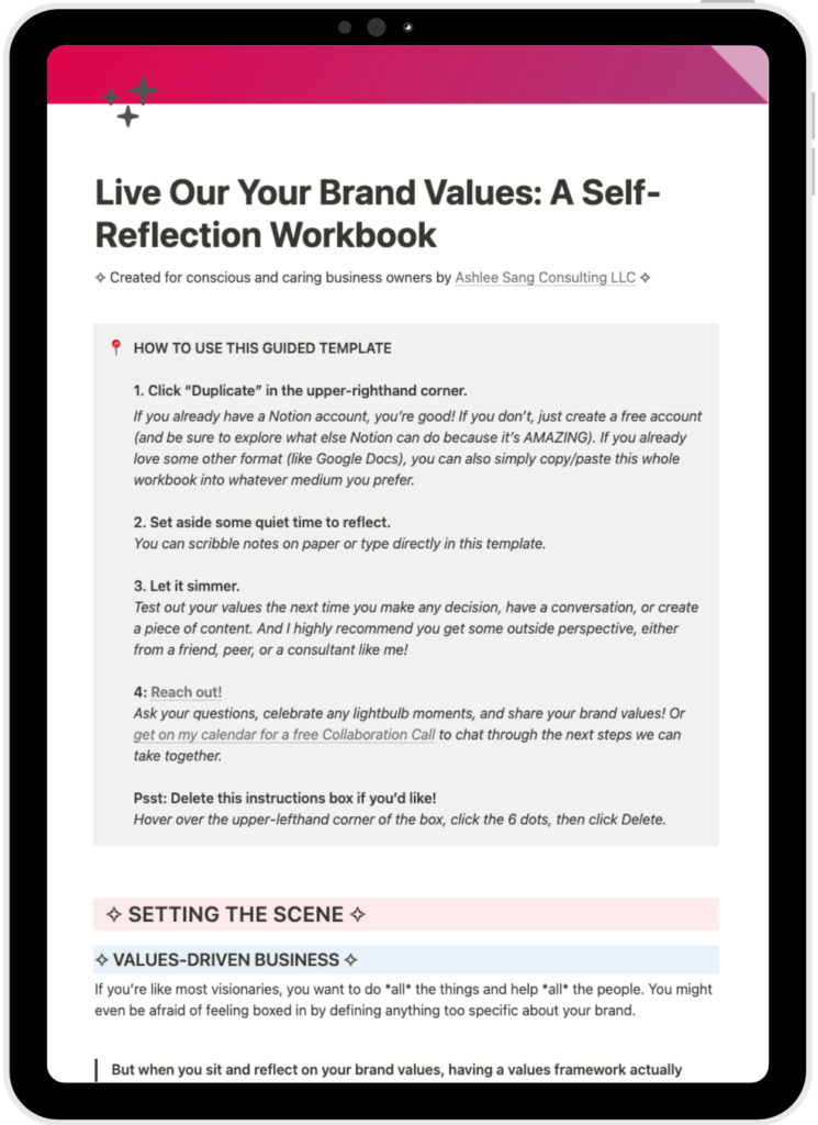 A tablet mockup of the the brand values workbook in Notion