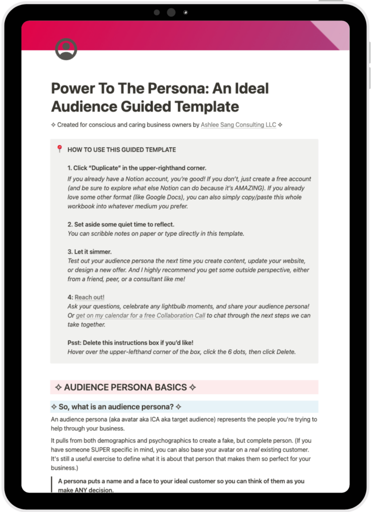 a tablet mockup of Power to the Persona workbook in Notion