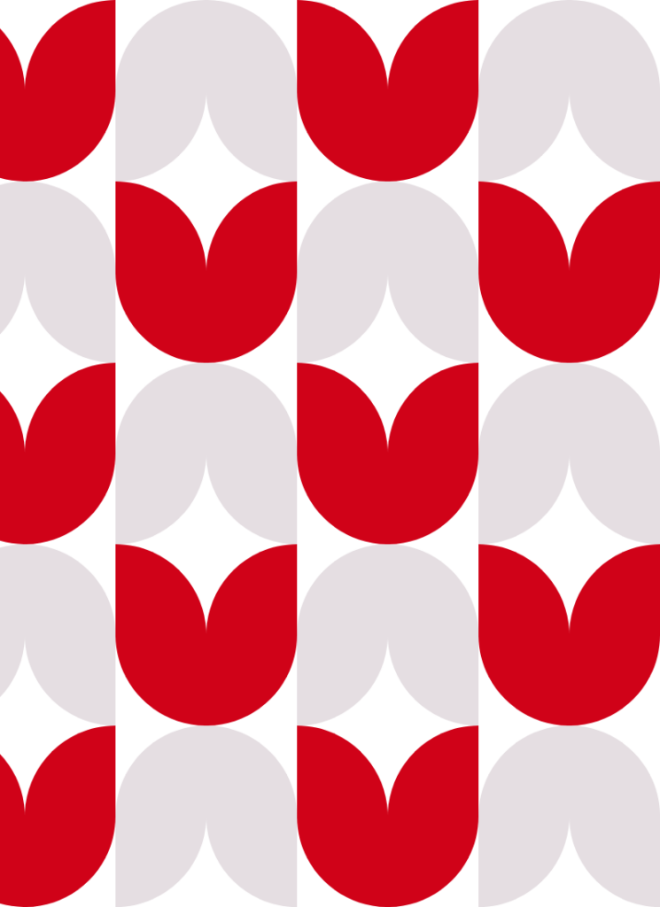 Graphic elements pattern of the Brutalist style with shapes like tulips. They are red and light purple