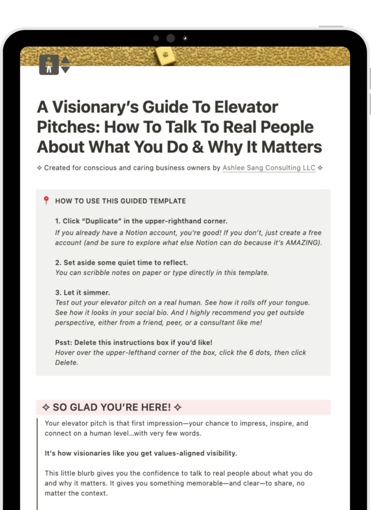 A mockup of the Elevator Pitches Guide on a tablet